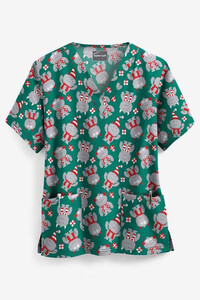 Holiday Monsters V-neck Green Christmas Scrub Top