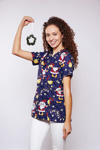 Christmas Top Santa Claus  Baubles and Stars on navy background
