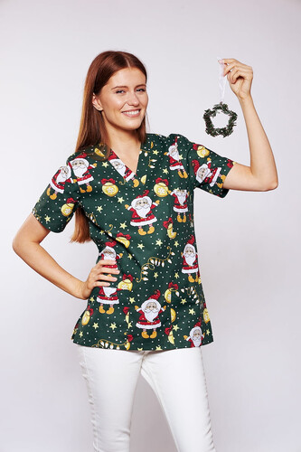 Christmas Top Santa Claus and Baubles on the bottle green background