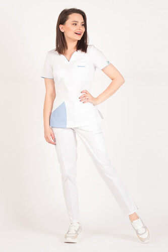 White medical scrub with blue trimming Fiona